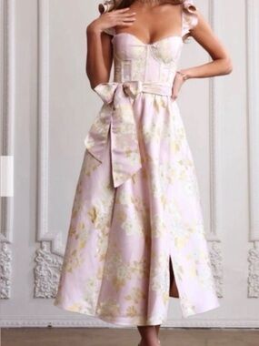v. chapman vera satin ruffled-sleeve bustier midi dress The Vera Dress in White Baroque Floral 00 / White Baroque Floral
